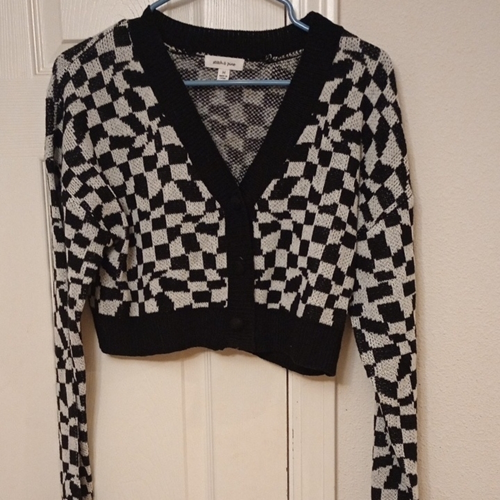 Stitch & Needle Black and White Checkered Cropped Cardigan
